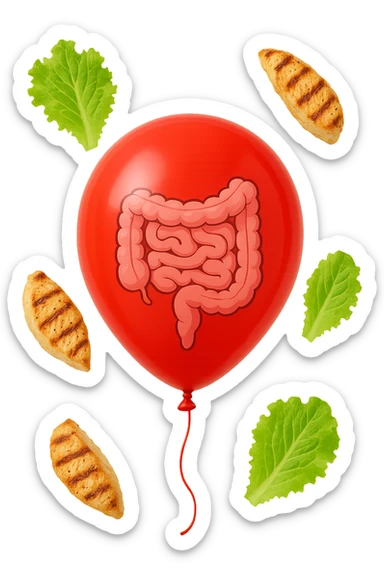intestino chiuso in un palloncino rosso e foglie di insalata e petto di pollo grigliato che fluttuano intorno sticker
