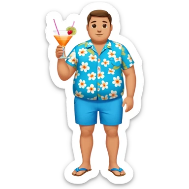 chubby guy full figure in a flowered azure havai shirt, brown shorts and flippers holding a cocktail sticker