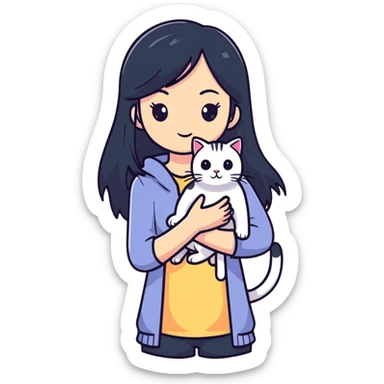 Beautiful girl with long black hair holding a hairless cat sticker