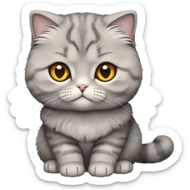 Cinematic-Fluffy-Grey-Scottish-Fold-Cat-Portrait-Emoji – Head tilted cutely with big, sparkling amber eyes, soft solid-grey fur with a velvety sheen, signature folded ears giving an irresistibly endearing look, simplified yet charmingly adorable features, highly detailed, glowing with a soft and warm charm. sticker