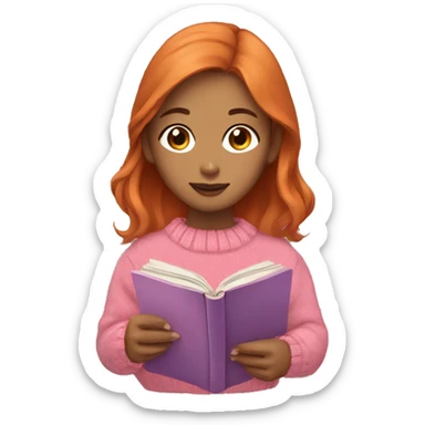 Asain brown orange hair girl reading book with pink sweater sticker