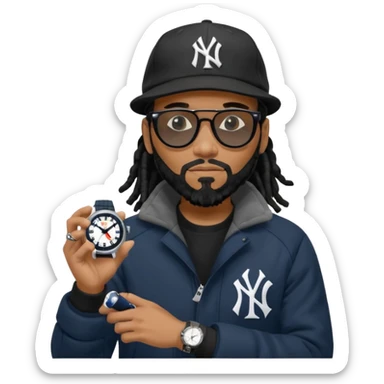 African American Man with shoulder length black dreadlocks with black beard wearing black sunglasses wearing a black bubble winter coat and a New York Yankees logo baseball cap checking the time on his watch sticker