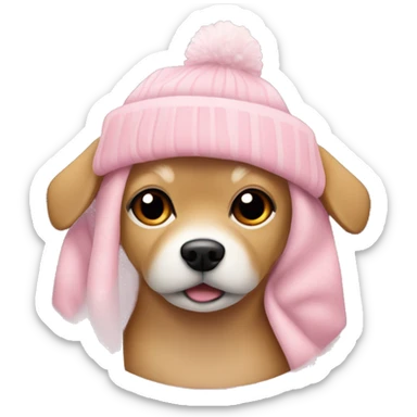 small tan colored dog wearing a soft pink beanie with a pom pom bundled in a pink christmas blanket sticker