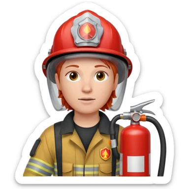 red haired Firefighter with respiratory protection with fire extinguisher sticker
