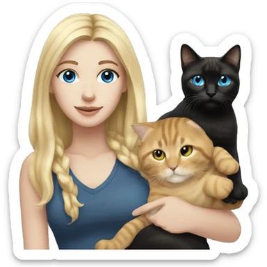 White girl, long blonde hair, blue eyes holding a black tabby cat sticker
