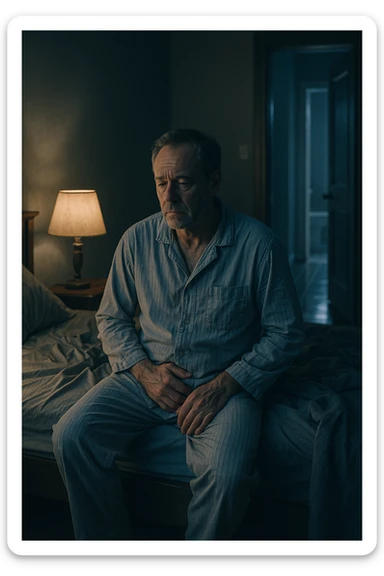 A nighttime scene inside a dimly lit bedroom. A man in his 50s sits stanco sul bordo del letto, con lo sguardo perso nel vuoto, mentre una luce fioca proviene dalla lampada sul comodino. Indossa un pigiama spiegazzato, e si tiene leggermente la zona bassa dell’addome. Dietro di lui, il letto è visibilmente disfatto, segno di sonno interrotto. Una porta socchiusa sullo sfondo mostra la luce accesa in bagno, con il pavimento riflettente che indica i numerosi passaggi notturni. Il tono è cupo ma realistico, con colori freddi, blu e grigi, e un leggero bagliore lunare che filtra dalla finestra. Stile: 35mm film, profondità emotiva, dettaglio ambientale. in italiano sticker