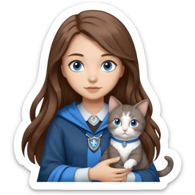 gorgeous Girl with light skin, blue eyes, long brown hair, wears a ravenclaw outfit, with a grey and white cat holding in her arms sticker
