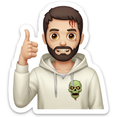 zombie with thumbs up gesture wearing plain white hoodie with no designs, dark brown hair and short full beard sticker