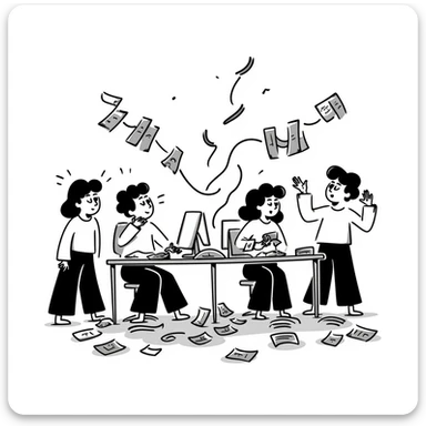 Messy group of confused teammates with mixed expressions and chaos sticker