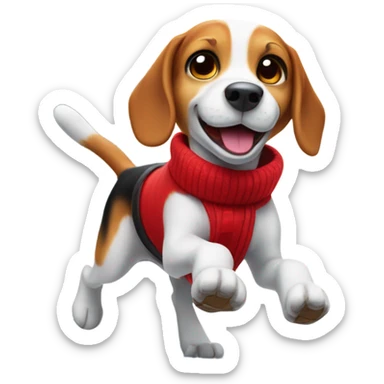 Beagle with red winter clothes and snowball fight sticker
