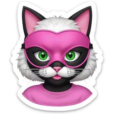 a black cat with pink mask and shirt, half upon
 sticker