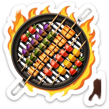 Grilled dishes avatar in bright emoji-style illustration. Skewers, BBQ, and grilled vegetables, warm fire tones, simple shapes, flat design, high contrast, tasty and inviting. sticker