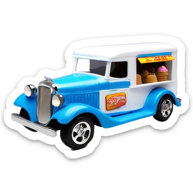 Hot wheels style, ice cream truck from 1934 with wide chrome mag wheels, blue, no ice cream on top of truck, open selling window.  sticker