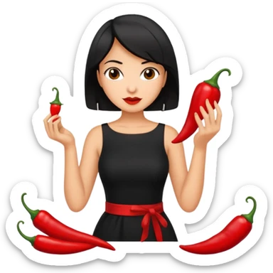 black short shoulder length hair tanned woman, black dress cooking, holding chili pepper sticker