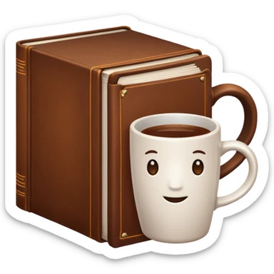 a closed brown book with a white mug on it sticker