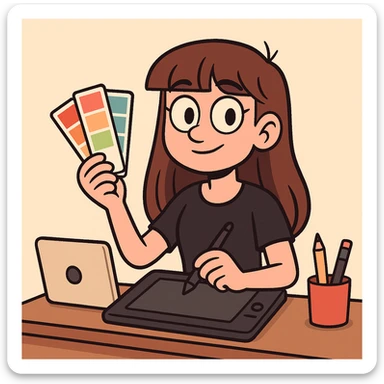 a girl graphic designer with long brown hair and bangs, brown eyes, holding a color palette, flat toon style sticker
