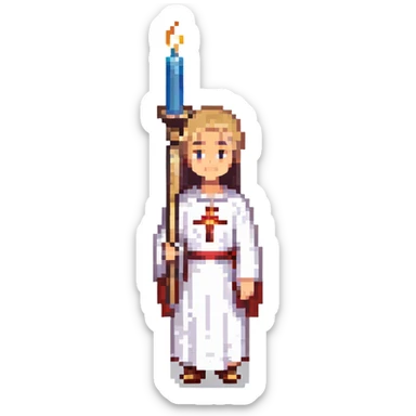 An altar server facing forward, holding a candle sticker