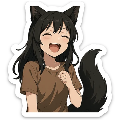 A girl with black fox ears and a tail, green eyes, dark hair, laughing sticker