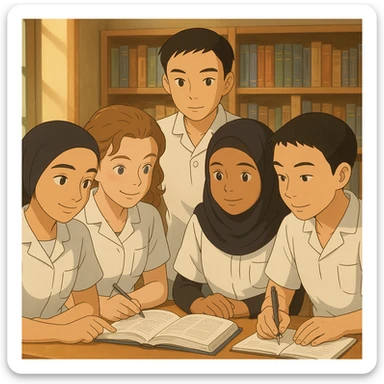 Scène intérieure en style Ghibli : quatre étudiants infirmiers collaborent, inspirés des quatre personnes sur les photos jointes. Uniformes blancs à manches courtes, col en V, poche poitrine à gauche, pas de stéthoscopes ni pied de col, avant-bras nus, cheveux longs attachés. Ambiance conviviale et studieuse. sticker