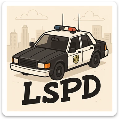 Make the police car black and white, add a city background, and add the caption 'LSPD' in a cartoon style. sticker
