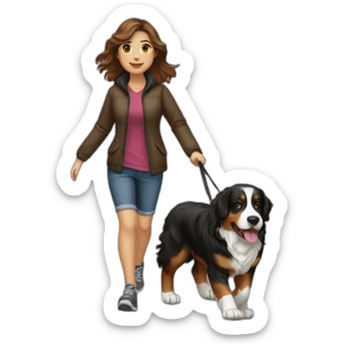 brown-haired-woman-walking-bernese-dog sticker