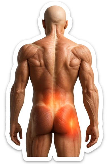 CORPO UMANO ANATOMICO REALISTICO DI SPALLE CON DOLORE ALLA LOMBARE INFIAMMATA, DOLORE ALL'ANCA, IPERREALISTICO 4K sticker