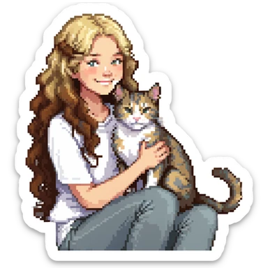 Remix: Beautiful girl with long curly brown hair, inspired by the reference, petting a gray and blonde mixed cat, pixel art style, girl smiling, cat on her lap sticker