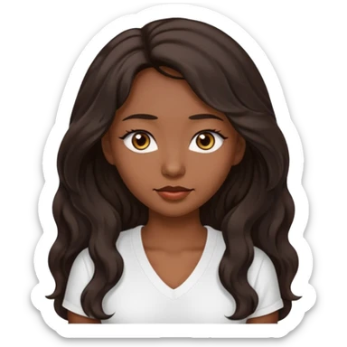 iOS style emoji A girl with very long dark brown wavy hair. And the eyes color is dark brown. And she is wearing white t shirt with V kneck. And she is 30. She is Asian with double eyelids  sticker