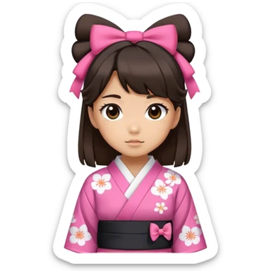 A girl wearing cute Japanese clothes, her hair is black and brown, her eyes are black, her skin is tanned, and she looks very cute, and she is wearing a hair bow on one side sticker