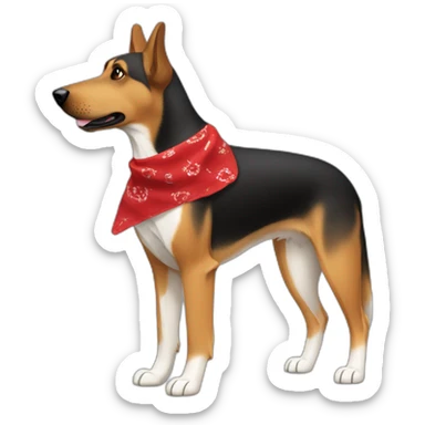 75% Coonhound 25% German Shepherd mix dog wearing small plain red bandana side view full body in profile left facing sticker