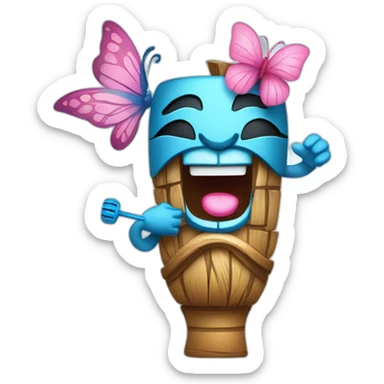 Cartoon Blue and pink tiki singing with butterfly and in the mikrophone sticker