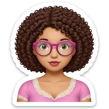 medium-light kinned afro-latina girl with medium length chocolate brown side part curly hair, brown glasses, brown eyes, pink sweetheart necklined top with lace, round wide-ish nose, chubby oblong face sticker