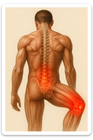 corpo umano anatomico con mal di schiena e al ginocchio, iperrealistico 4k sticker
