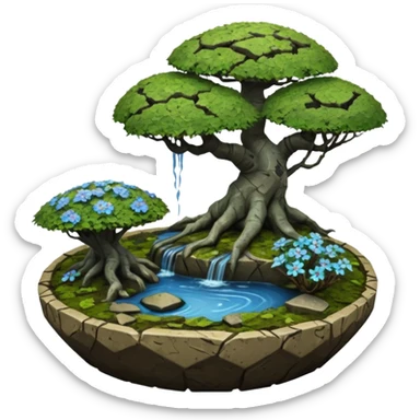 Alien saucer jungle-vines mountain-island landscape antique mudman very old broken cracked intricate Stone Age rocky-crusted irregular dodecagon-shaped shallow dark moss rough bark blue serissa flowered maple tree bonsai pot sticker