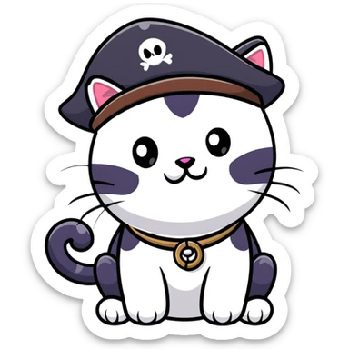 pirate cat with tricorn hat, beads in fur, mischievous expression sticker