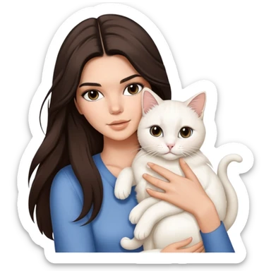 brunette Kendall Jenner with long hair holding on the hands a white cat sticker