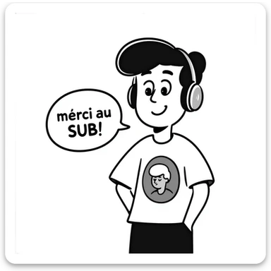 A smiling person with black hair, brown eyes, and a black beard wearing a gaming headset saying "merci au SUB" sticker