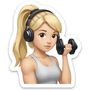 Blonde girl lifting weights, hair in a ponytail with brown beats headphones over ears sticker