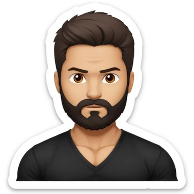 generate a pretty bratz Shahid kapoor with heavy beard and looking angry.
Make him wear a black full sleeve v neck tshirt. muscular but still lean
He shoudl look like shahid kapoor sticker