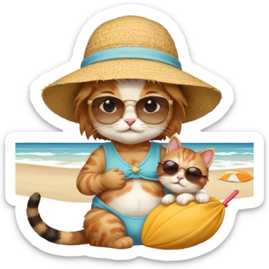 A cat carrying a baby centered on a beach sticker