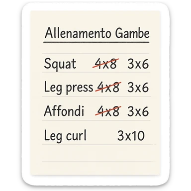 foglio di carta con scheda di allenamento gambe in italiano con volume di allenamento ridotto (fai alcuni esercizi con 4x8 scritti in precedenza sbarrati in rosso e la correzione accanto tipo 3x6), scrivila al meglio che puoi sticker