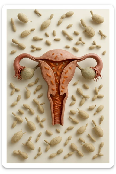 utero umano realistico con batteri della candida intorno, la foto si deve vedere per intero in formato verticale, sullo sfondo neutro chiaro ci sono batteri della candida, iperrealistico 4k sticker
