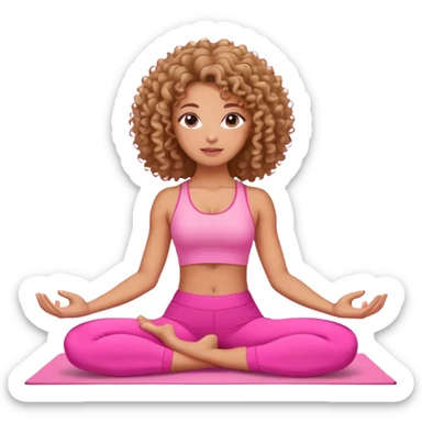 Uma mulher de cabelo cacheado, usando roupa de yoga rosa, em uma posição de yoga bonitinha  sticker
