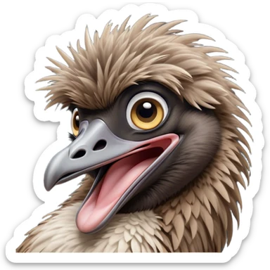 Cinematic Cute Yawning Emu Portrait Emoji, Head tilted slightly with a dramatic, wide-open yawn, showcasing a soft, downy brown plumage with gently drooping feathers and eyes barely open in drowsy contentment, Simplified yet irresistibly adorable features, highly detailed, glowing with a soft, cozy glow, high shine, relaxed yet expressive, stylized with a touch of outback charm, bright and endearing, soft glowing outline, capturing the essence of a sleepy yet affectionate emu, so drowsy it feels like it could stretch out of the screen and curl up for a nap! sticker