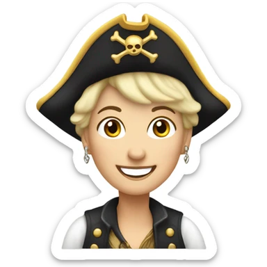 smiling older white woman with earrings and short blond hair wearing  pirate hat sticker