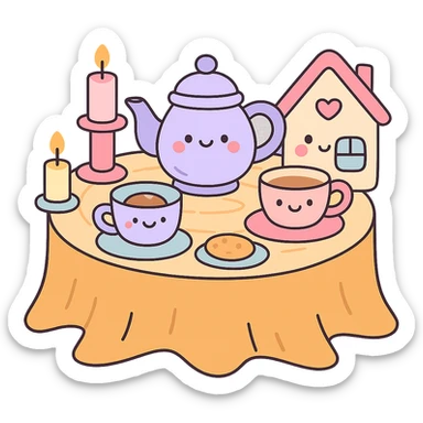 stump table with tea set and candles, kawaii cottagecore vibes, pastel colors, pastel-toon style sticker