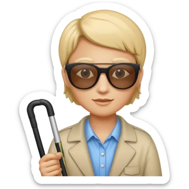 A blind person wearing sunglasses and holding a guide cane sticker