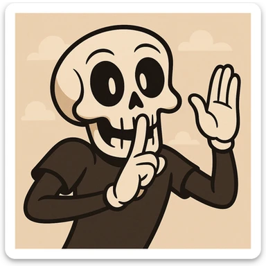 stylized skull making shh sign and doing calma celebration expressive fun sticker