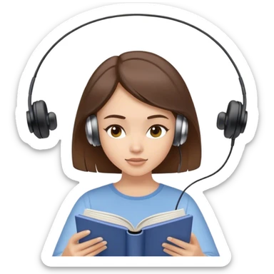 Brunette haired girl reading online book with wired earbuds sticker