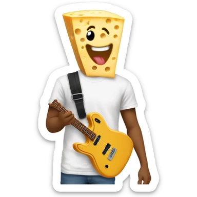 A slice of cheese with a goofy face wearing a band t shirt  sticker